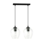 Lampa wisząca Istar 2-punktowa z przezroczystymi kloszami w kształcie dzwonu, zawieszona na czarnych linkach. Metalowy stelaż w kolorze czarnym, z widocznymi żarówkami wewnątrz kloszy. Produkt wisi poziomo, na prostokątnej podstawie.