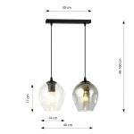 Lampa wisząca Istar mix 2-punktowa o szerokości 30 cm i długości 40 cm, z przezroczystymi kloszami w kształcie kropli. Zawieszona na czarnym stelażu, regulowana wysokość od 40 do 100 cm. Klosze mają średnicę 14 cm i wysokość 17 cm.