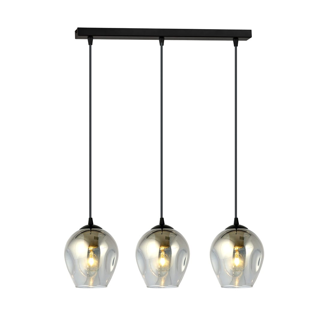 Lampa wisząca Istar 3-punktowa w kolorze grafitowym, z trzema szklanymi kloszami w kształcie kropli. Ułożona poziomo na czarnej belce, z widocznymi żarówkami wewnątrz kloszy. Elegancki design, idealna do nowoczesnych wnętrz.