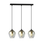Lampa wisząca Istar 3-punktowa w kolorze grafitowym, z trzema szklanymi kloszami w kształcie kropli. Ułożona poziomo na czarnej belce, z widocznymi żarówkami wewnątrz kloszy. Elegancki design, idealna do nowoczesnych wnętrz.