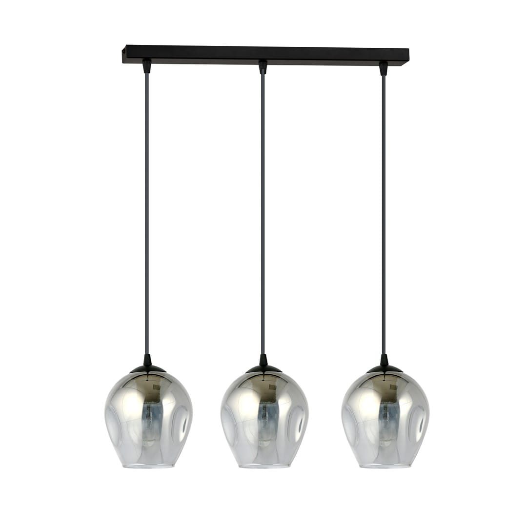 Lampa wisząca Istar 3-punktowa w kolorze grafitowym z trzema szklanymi kloszami w kształcie kulistym. Ujęcie frontalne, wisząca na czarnych linkach, z metalowym stelażem. Klosze mają delikatne odbicie światła, co podkreśla ich elegancki wygląd.