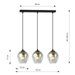 Lampa wisząca Istar 3-punktowa w kolorze grafitowym, z trzema szklanymi kloszami o kształcie kropli. Wymiary: długość 70 cm, szerokość 60 cm, wysokość regulowana od 40 do 100 cm, zawieszona na czarnych linkach.