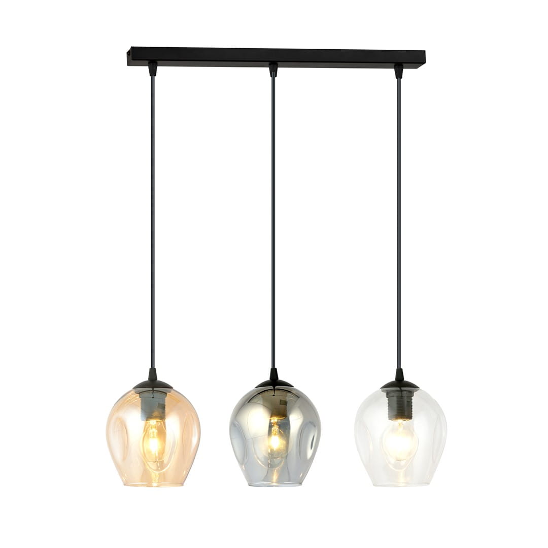 Lampa wisząca Istar mix 3-punktowa z czarnym stelażem, zawieszająca trzy klosze w kolorach: przezroczystym, szarym i bursztynowym. Klosze mają zaokrąglony kształt, a lampa jest zawieszona na długich przewodach, co nadaje jej nowoczesny wygląd.