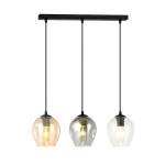 Lampa wisząca Istar mix 3-punktowa z czarnym stelażem, zawieszająca trzy klosze w kolorach: przezroczystym, szarym i bursztynowym. Klosze mają zaokrąglony kształt, a lampa jest zawieszona na długich przewodach, co nadaje jej nowoczesny wygląd.