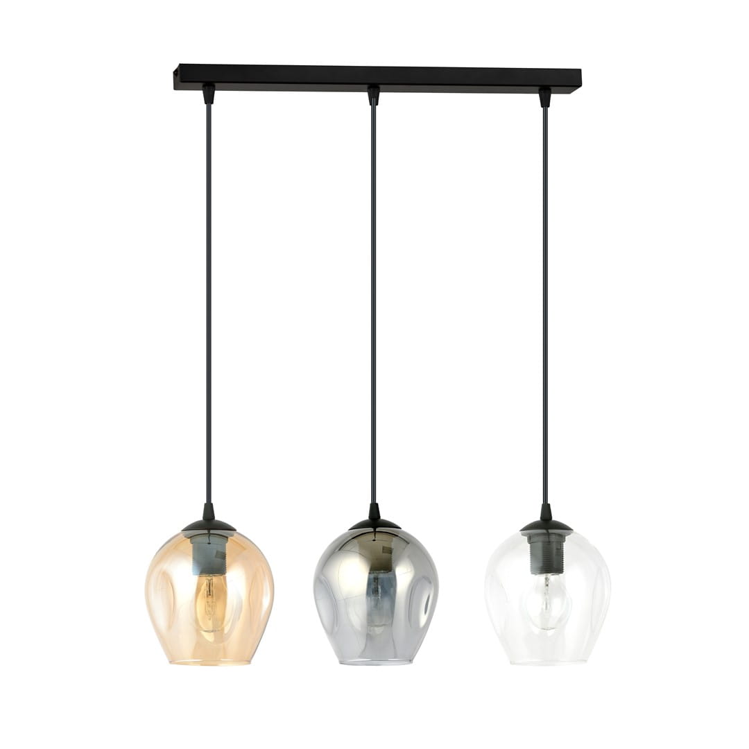 Lampa wisząca Istar mix 3-punktowa, zawieszona na czarnym stelażu. Szklane klosze w trzech kolorach: przezroczystym, metalicznym i miedzianym. Klosze mają kształt delikatnych kul, równomiernie rozmieszczone.