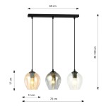 Lampa wisząca Istar mix 3-punktowa, czarna, z trzema szklanymi kloszami w kolorach przezroczystym, bursztynowym i szarym. Wymiary: długość 60 cm, szerokość 70 cm, wysokość regulowana 40-100 cm. Klosze mają średnicę 14 cm i wysokość 17 cm.