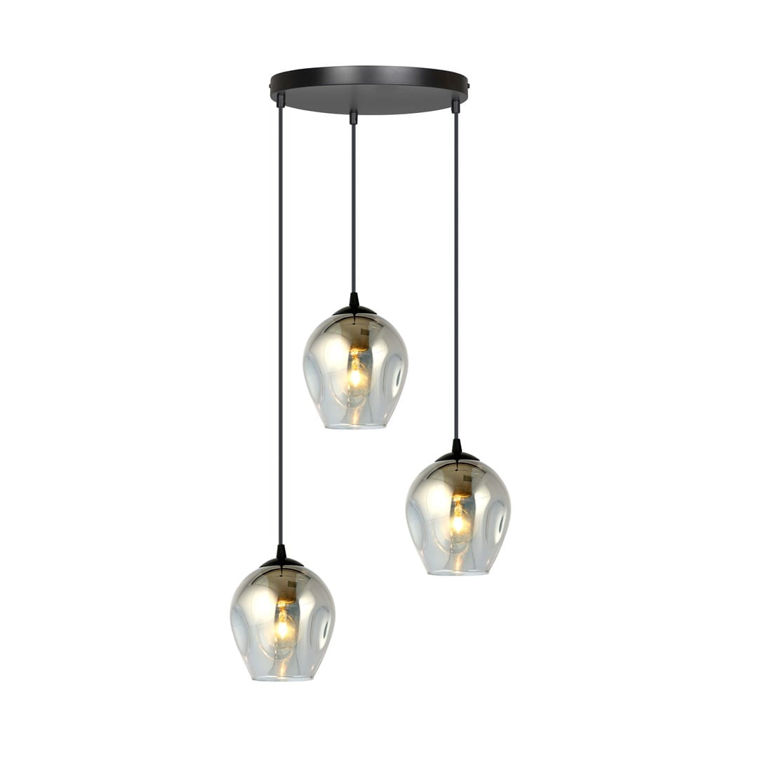 Lampa wisząca Istar Premium 3-punktowa w kolorze grafitowym z trzema przezroczystymi kloszami w kształcie kul. Klosze zawieszone na czarnych przewodach, mocowane do okrągłej podsufitki. Wymiary kloszy i ich detale nie są widoczne.