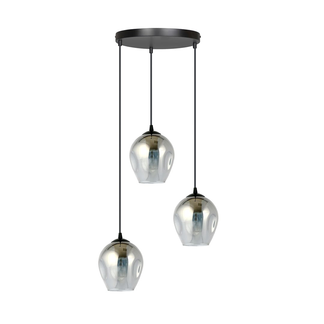 Grafitowa lampa wisząca Istar Premium z trzema szklanymi kloszami w kształcie kuli, zawieszona na cienkich czarnych przewodach. Klosze mają metaliczne wykończenie, a całość montowana do sufitu na okrągłej podstawie.