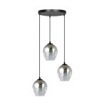 Grafitowa lampa wisząca Istar Premium z trzema szklanymi kloszami w kształcie kuli, zawieszona na cienkich czarnych przewodach. Klosze mają metaliczne wykończenie, a całość montowana do sufitu na okrągłej podstawie.