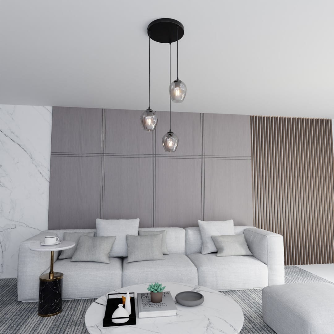 Lampa wisząca Istar Premium 3-punktowa w kolorze grafitowym. Posiada trzy przezroczyste klosze w kształcie kuli, zawieszone na cienkich linkach. Zainstalowana na prostokątnej podsufitce, idealna do nowoczesnych wnętrz.