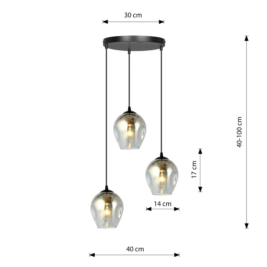 Lampa wisząca Istar Premium 3-punktowa w kolorze grafitowym. Posiada trzy szklane klosze o wysokości 17 cm i średnicy 14 cm, zawieszone na czarnych przewodach. Szerokość podstawy to 30 cm, regulowana wysokość od 40 do 100 cm.