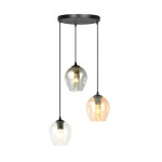 Lampa wisząca Istar Premium mix 3-punktowa z czarnym stelażem, zawieszona na trzech cienkich linkach. Klosze w kształcie kulistym: przezroczysty, szary i bursztynowy, z widocznymi żarówkami. Idealna do nowoczesnych wnętrz.