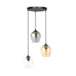 Lampa wisząca Istar Premium mix 3-punktowa z trzema kloszami w różnych kolorach: przezroczystym, metalicznym i bursztynowym. Zawieszona na czarnych linkach, z okrągłą czarną podsufitką. Idealna do nowoczesnych wnętrz.