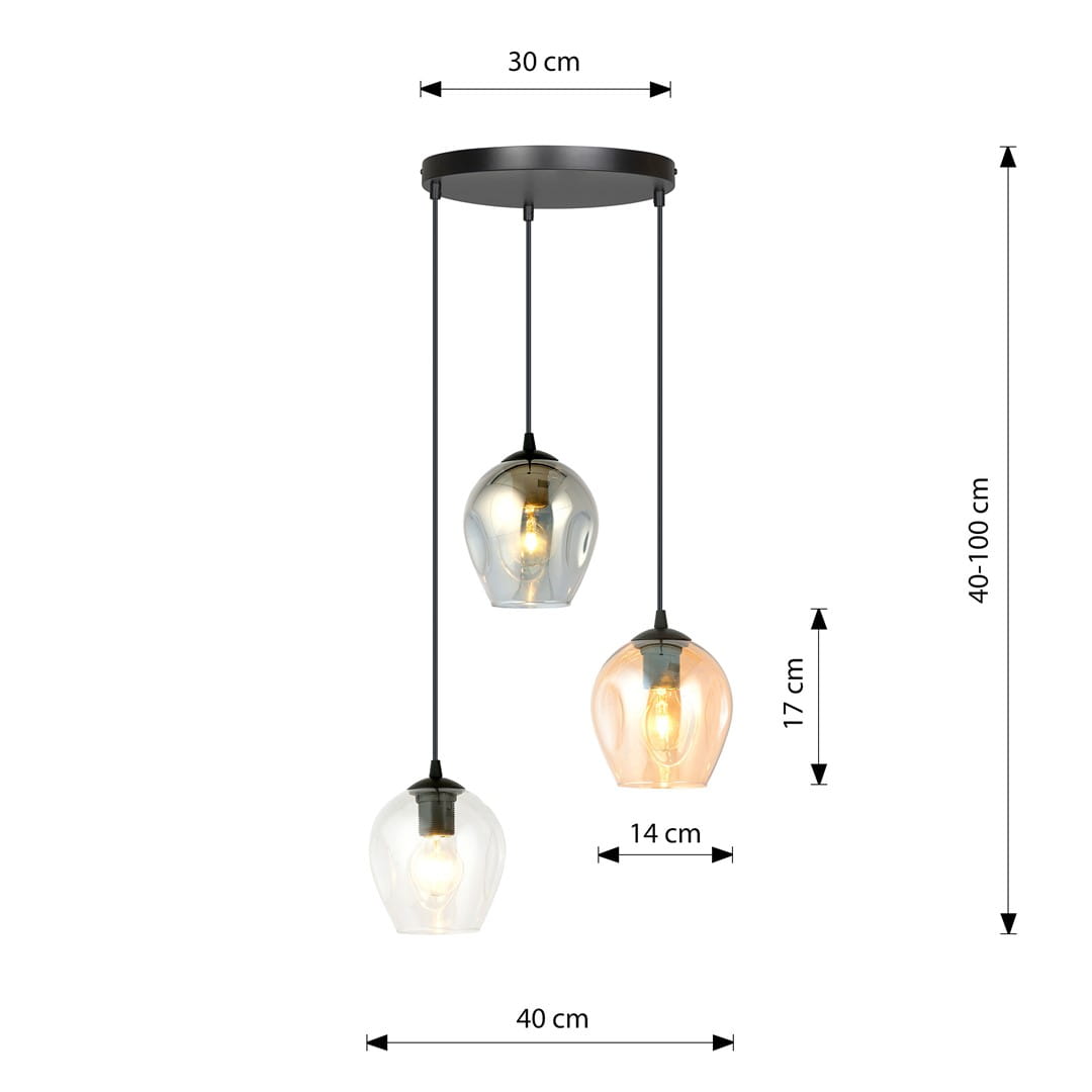 Lampa wisząca Istar Premium mix 3-punktowa w kolorze czarnym. Składa się z trzech szklanych kloszy w różnych odcieniach (przezroczysty, szary, miedziany). Wymiary podstawy 30 cm, długość zwisów 40-100 cm, średnica kloszy 14 cm, wysokość 17 cm.