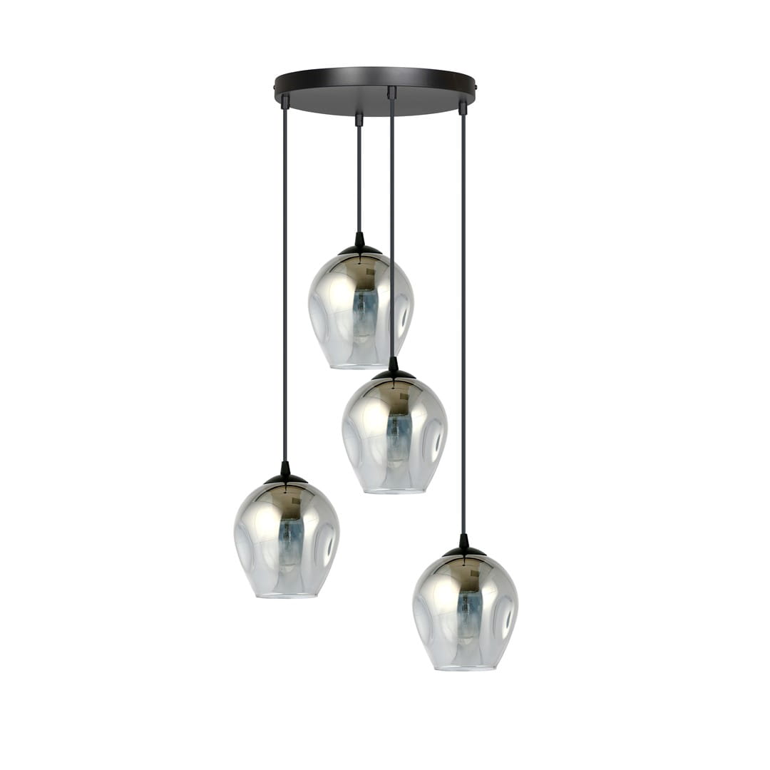 Lampa wisząca Istar Premium 4-punktowa w kolorze grafitowym. Składa się z czterech przezroczystych kloszy o zaokrąglonym kształcie, zawieszonych na czarnych linkach, montowana na okrągłej podstawie.