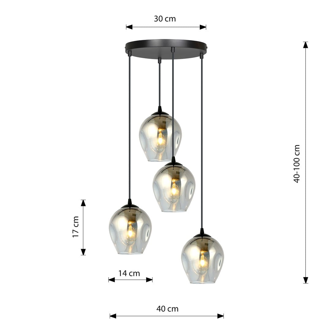 Lampa wisząca Istar Premium 4-punktowa w kolorze grafitowym. Posiada cztery szklane klosze w kształcie kropli, zawieszone na cienkich przewodach. Rozmiar podstawy 30 cm, wysokość kloszy 17 cm, regulowana wysokość 40-100 cm.