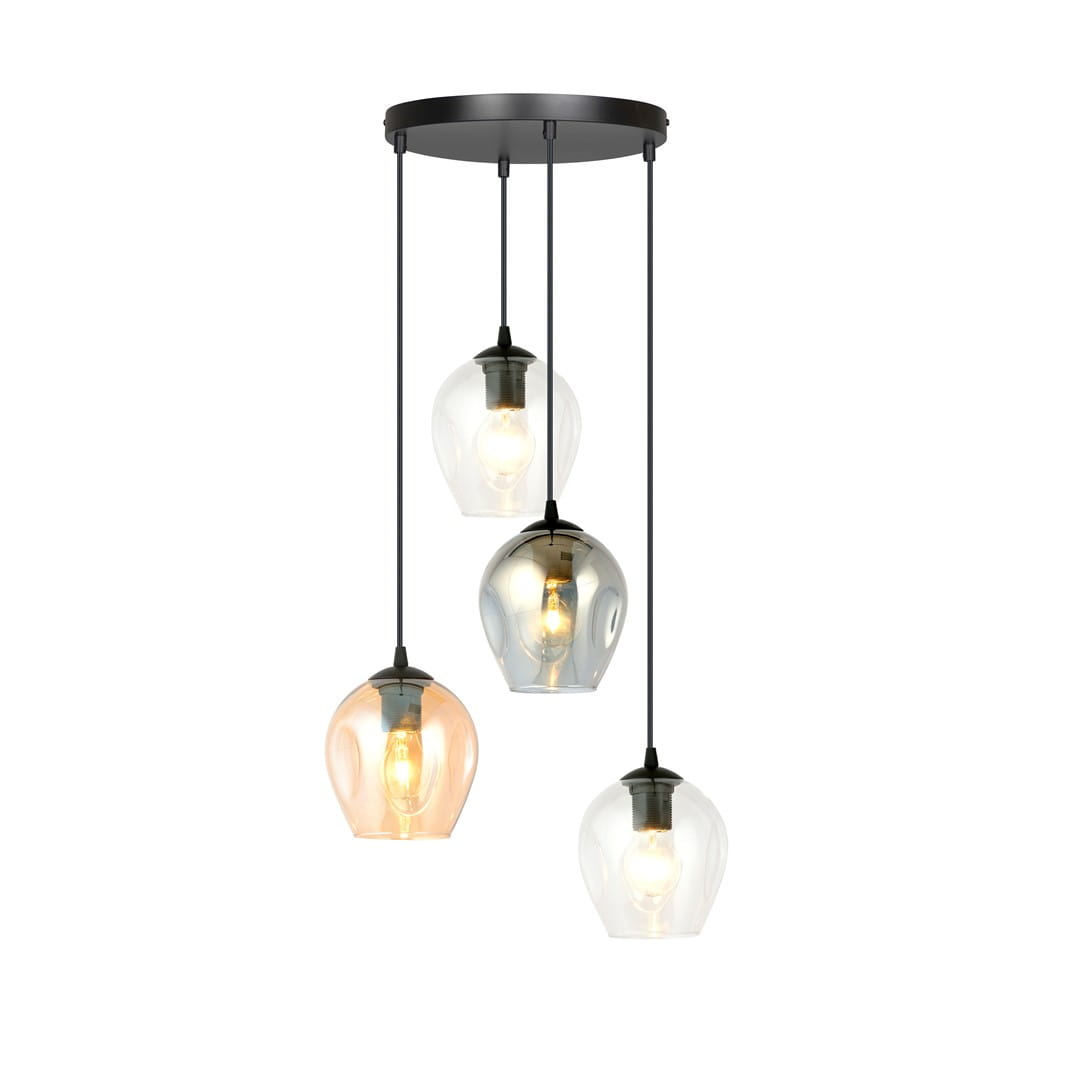 Lampa wisząca Istar Premium mix 4-punktowa, z czterema szklanymi kloszami w różnych odcieniach (przezroczysty, miedziany, szary) zawieszona na czarnym stelażu. Klosze mają opływowy kształt, a źródła światła są widoczne w ich wnętrzu.