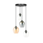 Lampa wisząca Istar Premium mix z czterema kloszami w różnych kolorach: przezroczystym, szarym, złotym i pomarańczowym. Zwisająca z okrągłej, czarnej podstawy, idealna do nowoczesnych wnętrz.