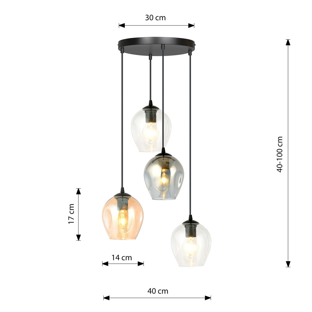 Lampa wisząca Istar Premium mix 4-punktowa z czterema kloszami w kolorze przezroczystym i miedzianym. Średnica 30 cm, wysokość 17 cm, z regulacją długości zawieszenia 40-100 cm. Metalowa podsufitka w czarnym kolorze.