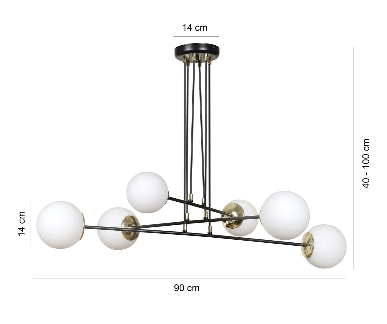 Czarna lampa wisząca Ognis z sześcioma białymi kloszami, wykonana z metalowych elementów. Wymiary: średnica kloszy 14 cm, długość 90 cm. Regulowana wysokość od 40 do 100 cm, zawieszona na cienkich prętach. Minimalistyczny design.