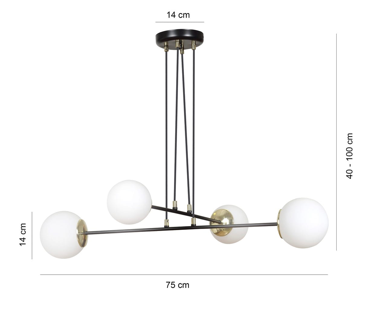 Czarna lampa wisząca Ognis 4-punktowa z białymi kulami. Wymiary: średnica kul 14 cm, długość 75 cm. Wysokość regulowana od 40 do 100 cm. Metalowa konstrukcja z elementami w kolorze złotym, zawieszona na cienkich linkach.