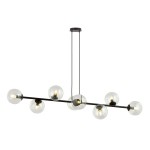 Lampa wisząca Rossi 8-punktowa w kolorze czarnym z transparentnymi kloszami. Ułożona poziomo, z ośmioma okrągłymi kloszami, zawieszona na cienkich linkach. Nowoczesny design, idealna do przestronnych wnętrz.