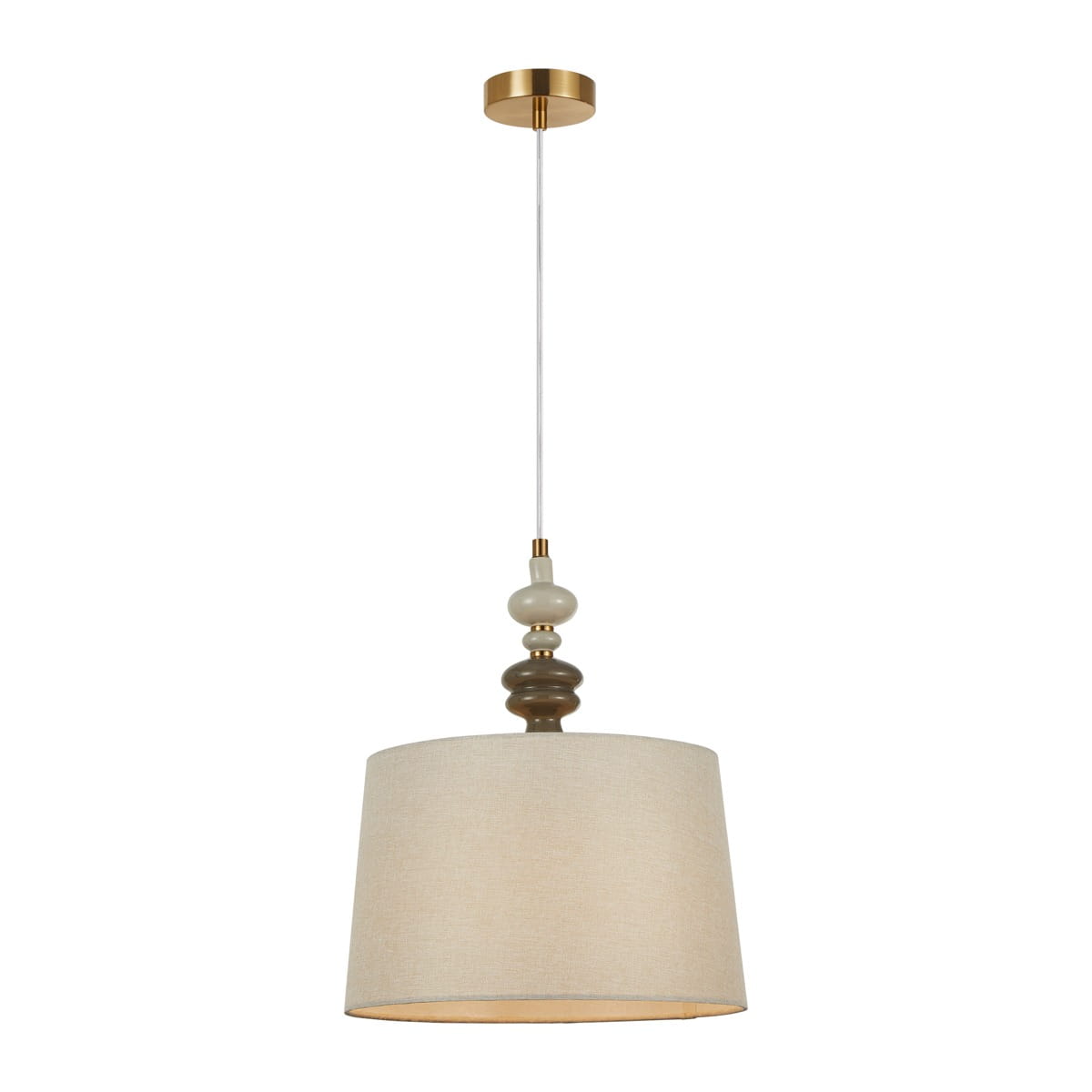Lampa wisząca Moren D34 w kolorze brązu antycznego z kloszem w odcieniu beżowym. Posiada dekoracyjne elementy w różnych odcieniach. Zawieszona na cienkim przewodzie, z okrągłym mocowaniem sufitowym w kolorze złotym.