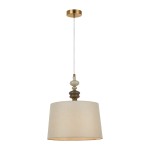 Lampa wisząca Moren D34 w kolorze brązu antycznego z kloszem w odcieniu beżowym. Posiada dekoracyjne elementy w różnych odcieniach. Zawieszona na cienkim przewodzie, z okrągłym mocowaniem sufitowym w kolorze złotym.