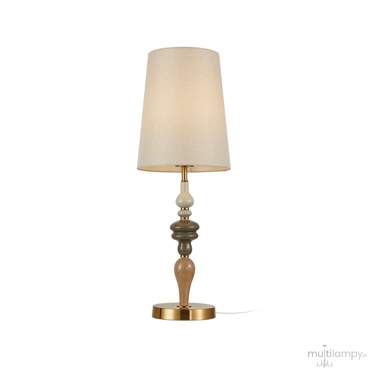 Lampa stołowa Moren z brązowym antycznym wykończeniem, z okrągłą podstawą i dekoracyjnym trzonem w odcieniach beżu, szarości i brązu. Wyposażona w materiałowy klosz w jasnym kolorze, emitującym ciepłe światło. Ujęcie frontalne.