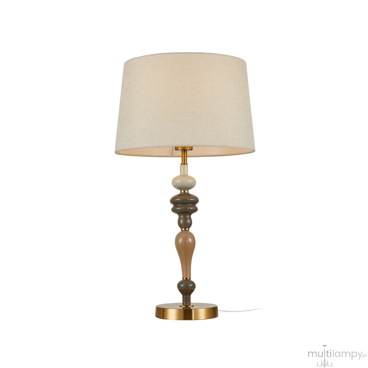 Lampa stołowa Moren z brązowym, antycznym stelażem i jasnobeżowym abażurem. Podstawa z kolorowymi, okrągłymi elementami ceramicznymi. Ustawiona na płaskiej powierzchni, z widocznym kablem. Typ żarówki: 1xE27.