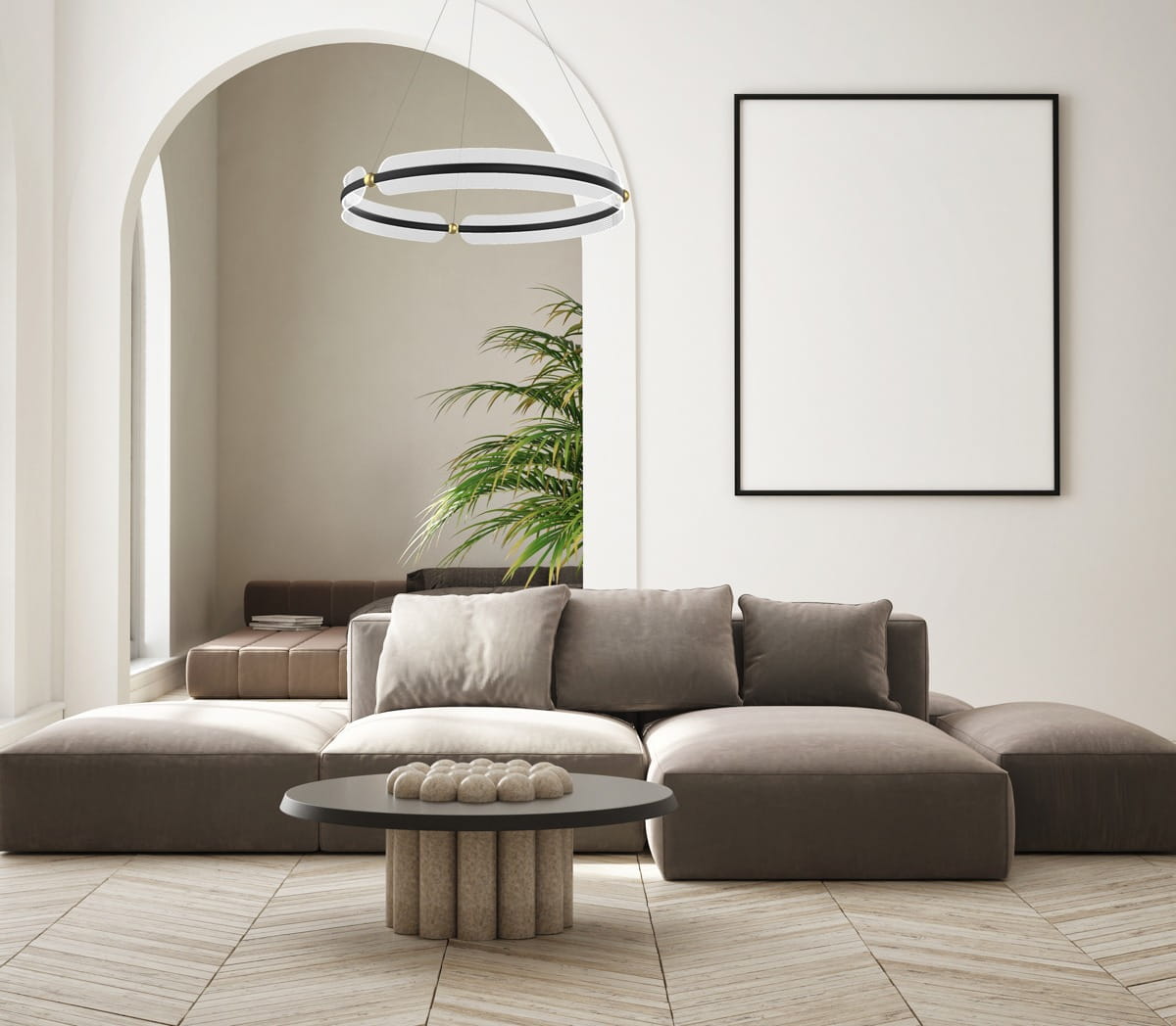 Lampa wisząca Faris 1xLED/53W w kolorze czarnym i złotym, z okrągłym kształtem. Zawieszona w nowoczesnym wnętrzu, nad sofą, w otoczeniu roślinności. Wykończenie matowe, z metalowymi detalami.