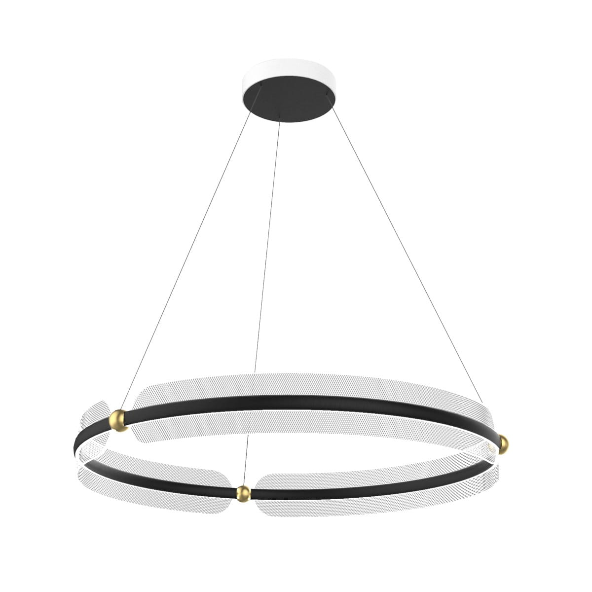 Lampa wisząca Faris 1xLED/53W w kolorze czarnym i złotym, o okrągłej formie, zawieszona na cienkich linkach. Posiada metalowe elementy w kolorze złota oraz ażurowe detale, zapewnia nowoczesny wygląd. Montaż sufitowy.