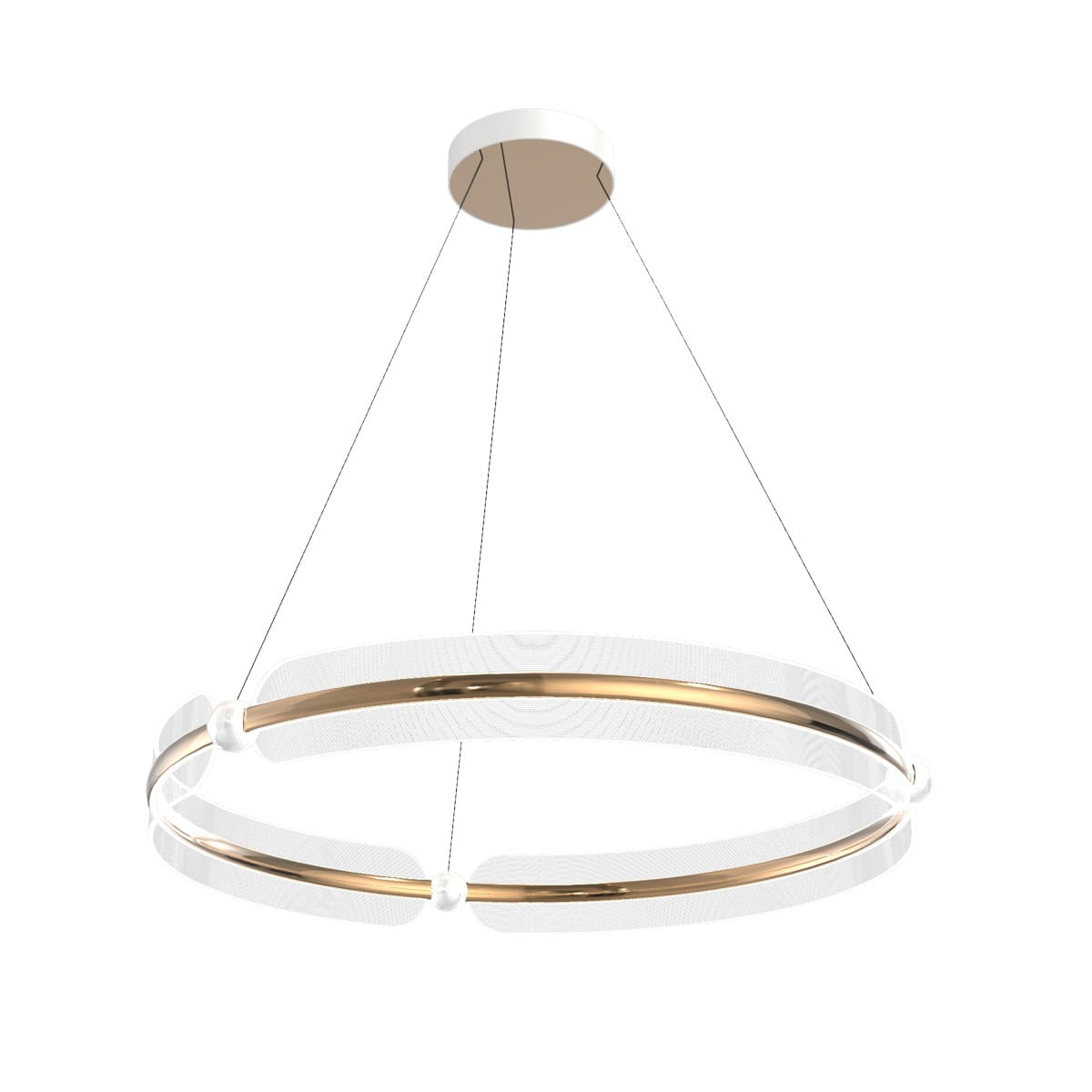Lampa wisząca Faris w kolorze złotym i białym, z jednym źródłem światła LED o mocy 53W. Okrągły kształt, zawieszona na cienkich linkach, z metalowym pierścieniem w złotym wykończeniu oraz białą osłoną.