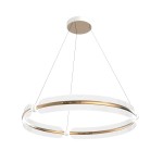 Lampa wisząca Faris w kolorze złotym i białym, z jednym źródłem światła LED o mocy 53W. Okrągły kształt, zawieszona na cienkich linkach, z metalowym pierścieniem w złotym wykończeniu oraz białą osłoną.
