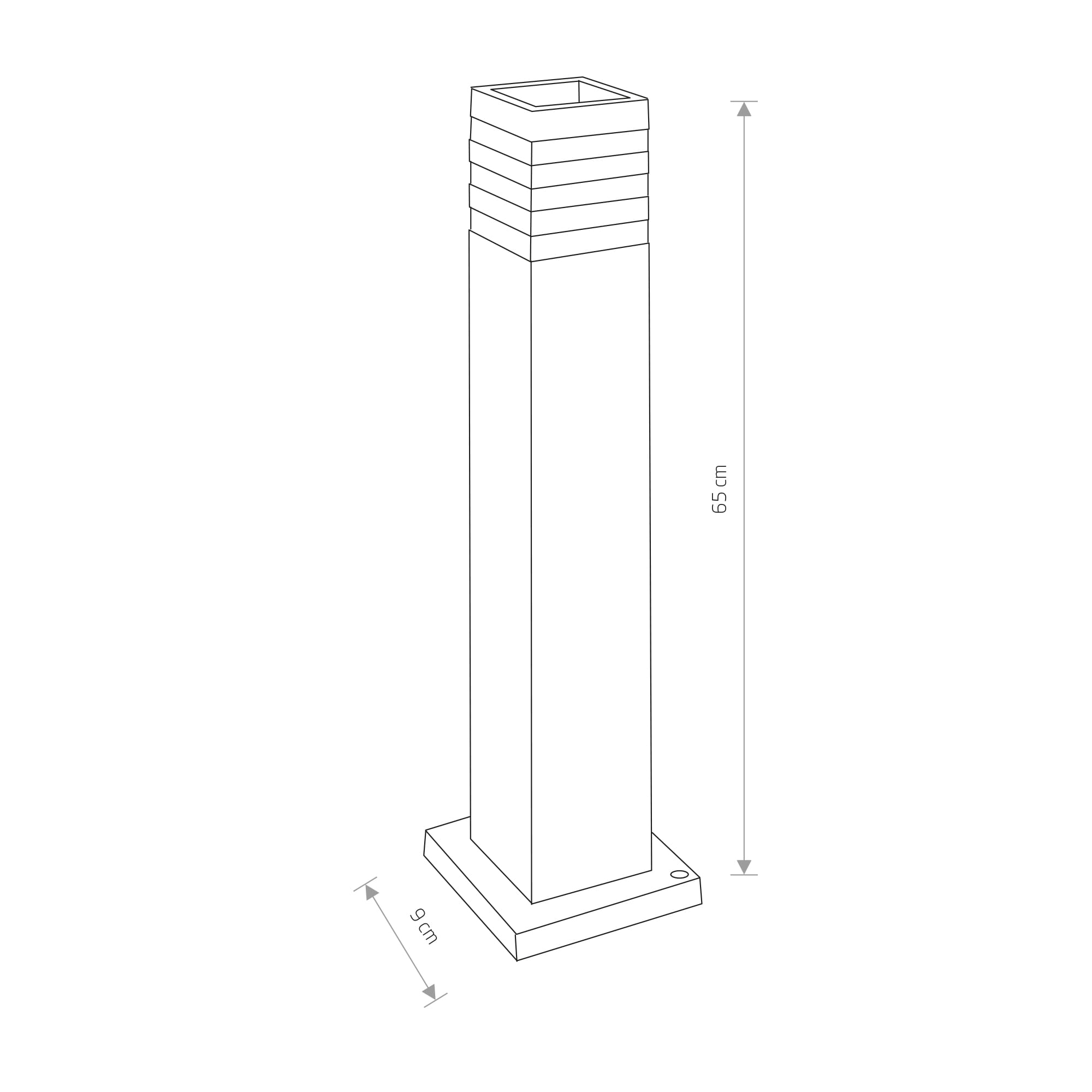 Lampa ogrodowa stojąca Oir 1-punktowa, prostokątna konstrukcja o wysokości 65 cm i szerokości 9 cm. Górna część z poziomymi żłobieniami, zamontowana na stabilnej podstawie. Idealna do oświetlenia przestrzeni na zewnątrz.