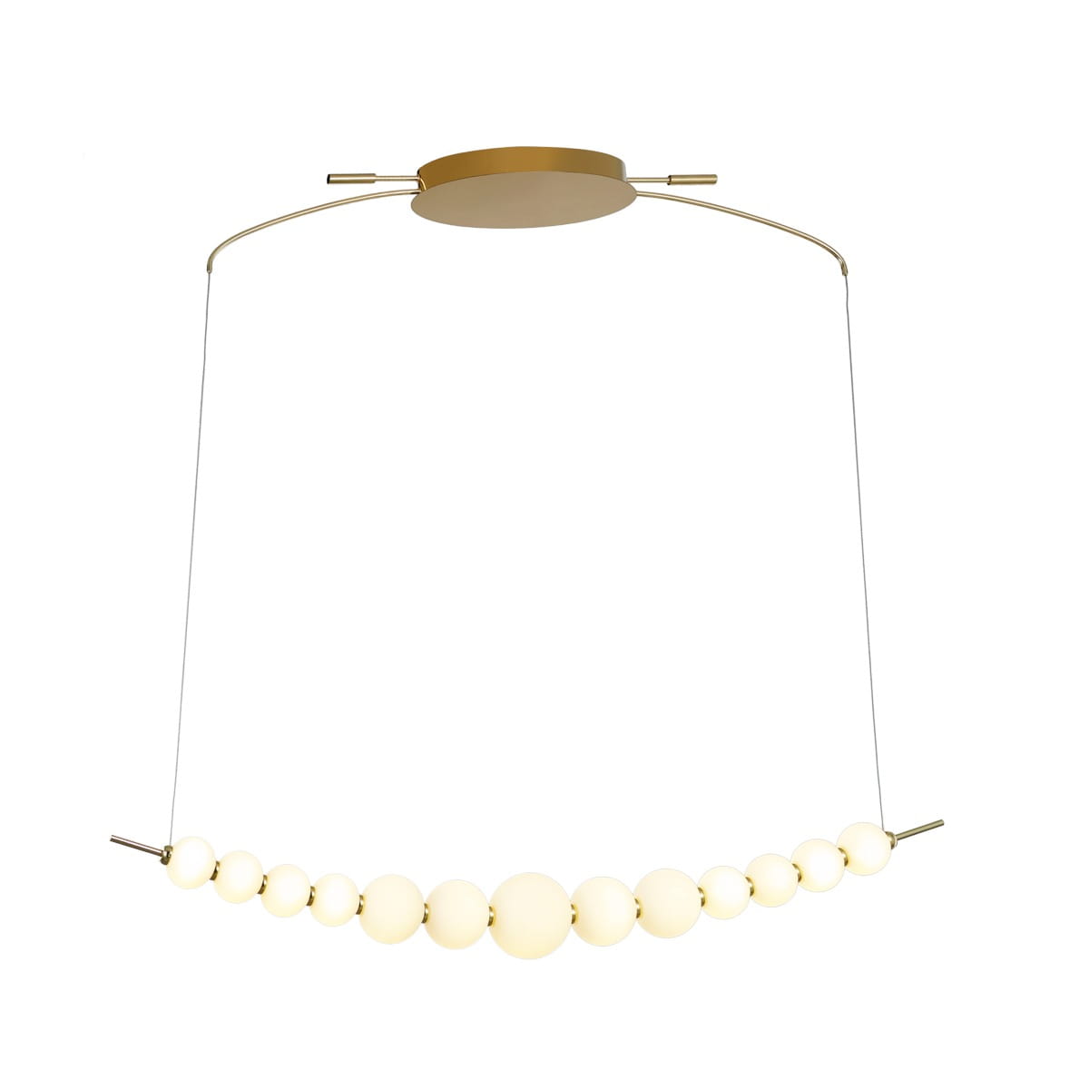 Lampa wisząca Ronza z jednym źródłem LED o mocy 37W, złoty kolor. Okrągła podstawa z metalowym wykończeniem, zawieszona na cienkich żyłkach, z białymi, półprzezroczystymi kulami rozmieszczonymi wzdłuż.