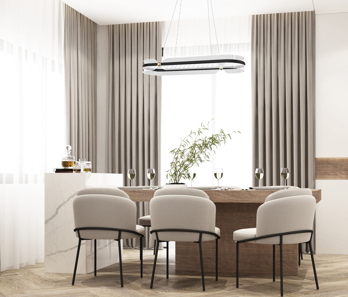 Lampa wisząca Sopla 1xLED/56W w kolorze czarnym ze złotymi detalami, zawieszona nad drewnianym stołem w jadalni. Tło z zasłonami i jasnym światłem, z widocznymi szarymi krzesłami i elementami dekoracyjnymi na stole.