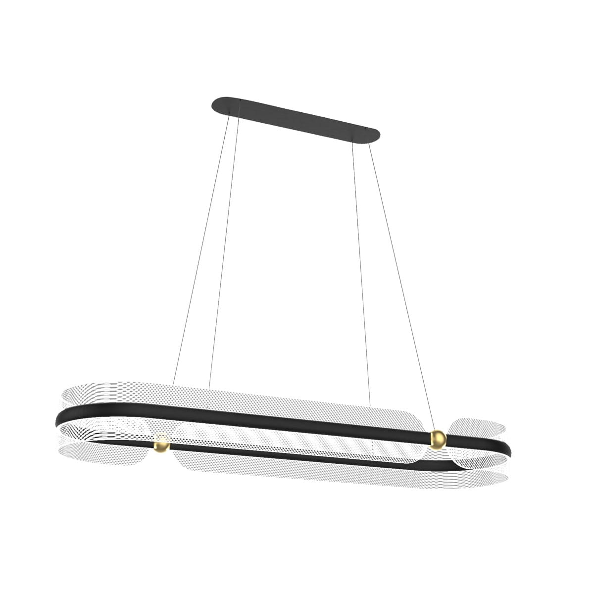 Lampa wisząca Sopla w kolorze czarnym i złotym, z jednym źródłem LED o mocy 56W. Posiada nowoczesny, podłużny kształt z metalowymi elementami, zawieszona na cienkich linkach. Idealna do nowoczesnych wnętrz.