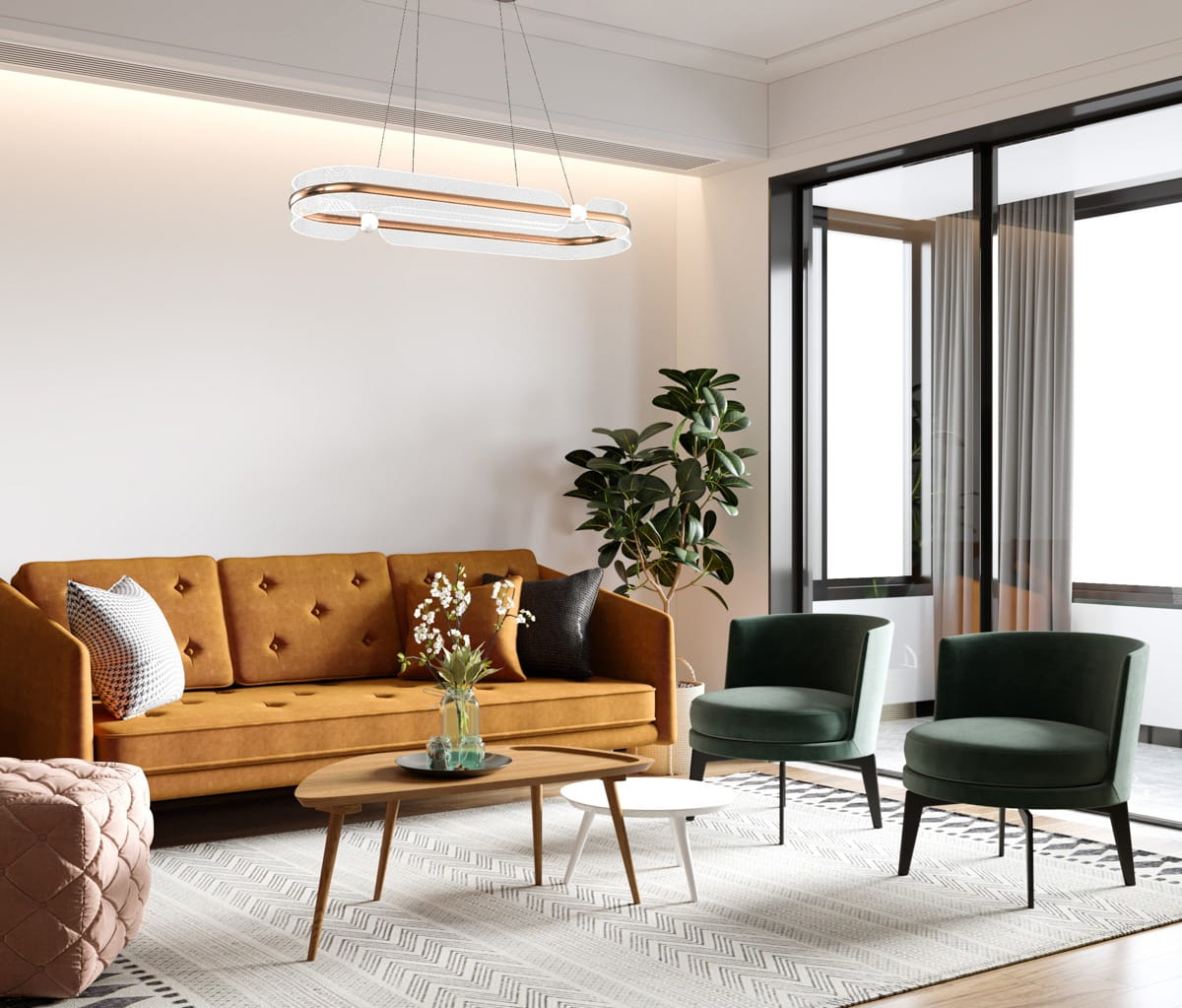 Lampa wisząca Sopla 1xLED/56W w kolorze złotym i białym, o nowoczesnym, minimalistycznym kształcie, zawieszona nad stolikiem w stylowym salonie. W tle widoczna sofy w odcieniu brązowym oraz zielone fotele.