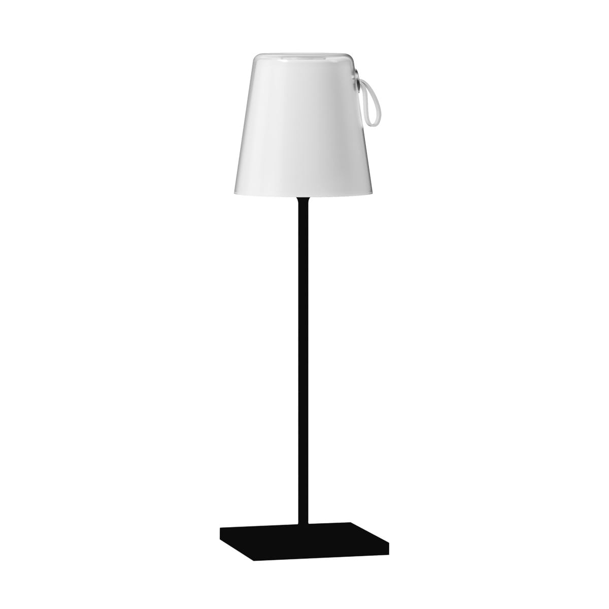 Lampa stołowa Ostap z białym kloszem i czarną podstawą, z prostą metalową nogą. Klosz ma formę stożka, z widocznym uchwytem. Produkt stoi na płaskiej powierzchni, prezentując minimalistyczny design.