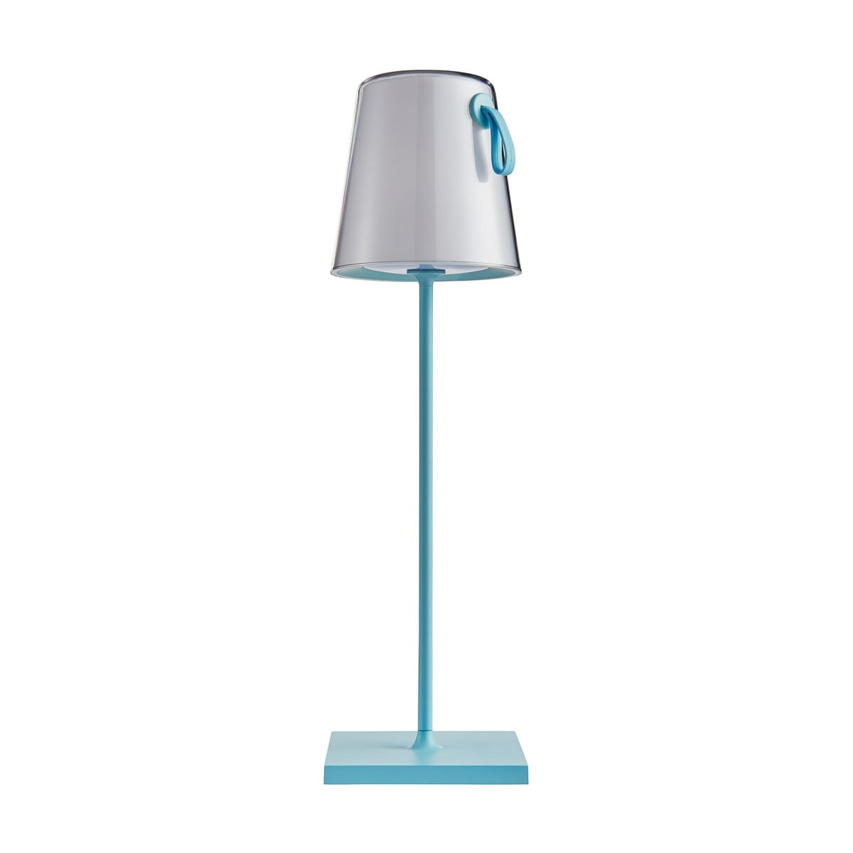 Lampa stołowa Ostap w kolorze niebieskim, wykonana z metalu, z przezroczystym kloszem o kształcie stożkowym. Ustawiona na kwadratowej podstawie, z cienkim stelażem. Widoczny uchwyt w kolorze niebieskim. Zasilana jedną żarówką LED o mocy 5W.