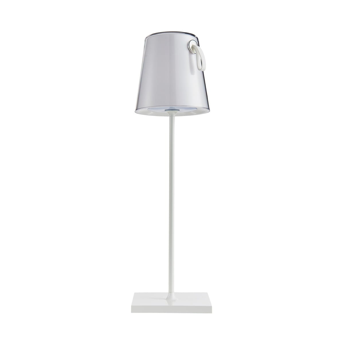 Lampa stołowa Ostap 1xLED/5W w kolorze białym, z prostą, metalową nogą i kwadratową podstawą. Klosz w formie lekko przezroczystego cylindrycznego kształtu z uchwytem. Ujęcie frontalne, stojąca na białym tle.