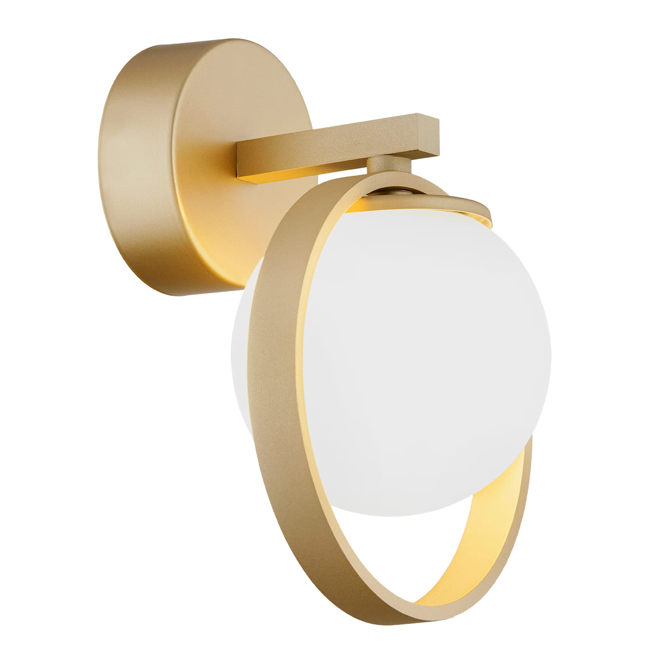 Kinkiet Saturnia 1xG9 w kolorze złotym. Okrągła, biała oprawa szklana osadzona w złotej, metalowej ramie. Montaż ścienny, widoczne okrągłe mocowanie. Elegancka forma z minimalistycznym designem, idealna do nowoczesnych wnętrz.