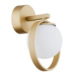 Kinkiet Saturnia 1xG9 w kolorze złotym. Okrągła, matowa oprawa z białym kloszem, zawieszona na okrągłej podstawie. Prosty, nowoczesny design z widocznym uchwytem, idealny do aranżacji wnętrz.