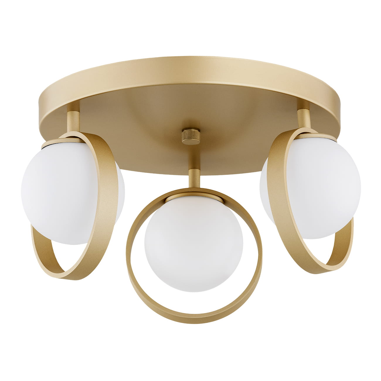 Lampa sufitowa Saturnia z trzema oprawami G9, złoty metalowy stelaż z okrągłymi, białymi kloszami w kształcie kul. Ujęcie z dołu, pokazujące detale konstrukcji i połączenia kloszy z podstawą.