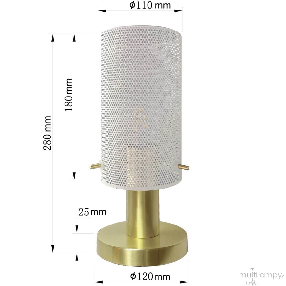 Lampa stołowa Tirana z białym perforowanym kloszem i złotą podstawą. Wysokość 28 cm, średnica 12 cm. Ujęcie frontalne, produkt stojący. Widoczne detale konstrukcji oraz wymiary na grafice.