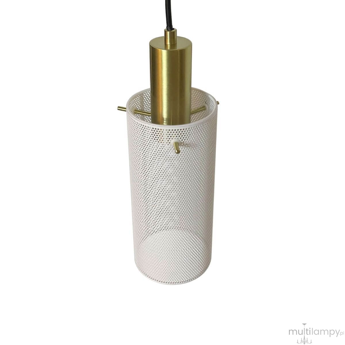 Lampa wisząca Tirana 1xE27 w kolorze złotym i białym, o cylindrycznym kształcie. Metalowa osłona o ażurowym wzorze, z widocznym gwintem na żarówkę. Ujęcie z góry, zawieszona na czarnym przewodzie. Idealna do nowoczesnych wnętrz.