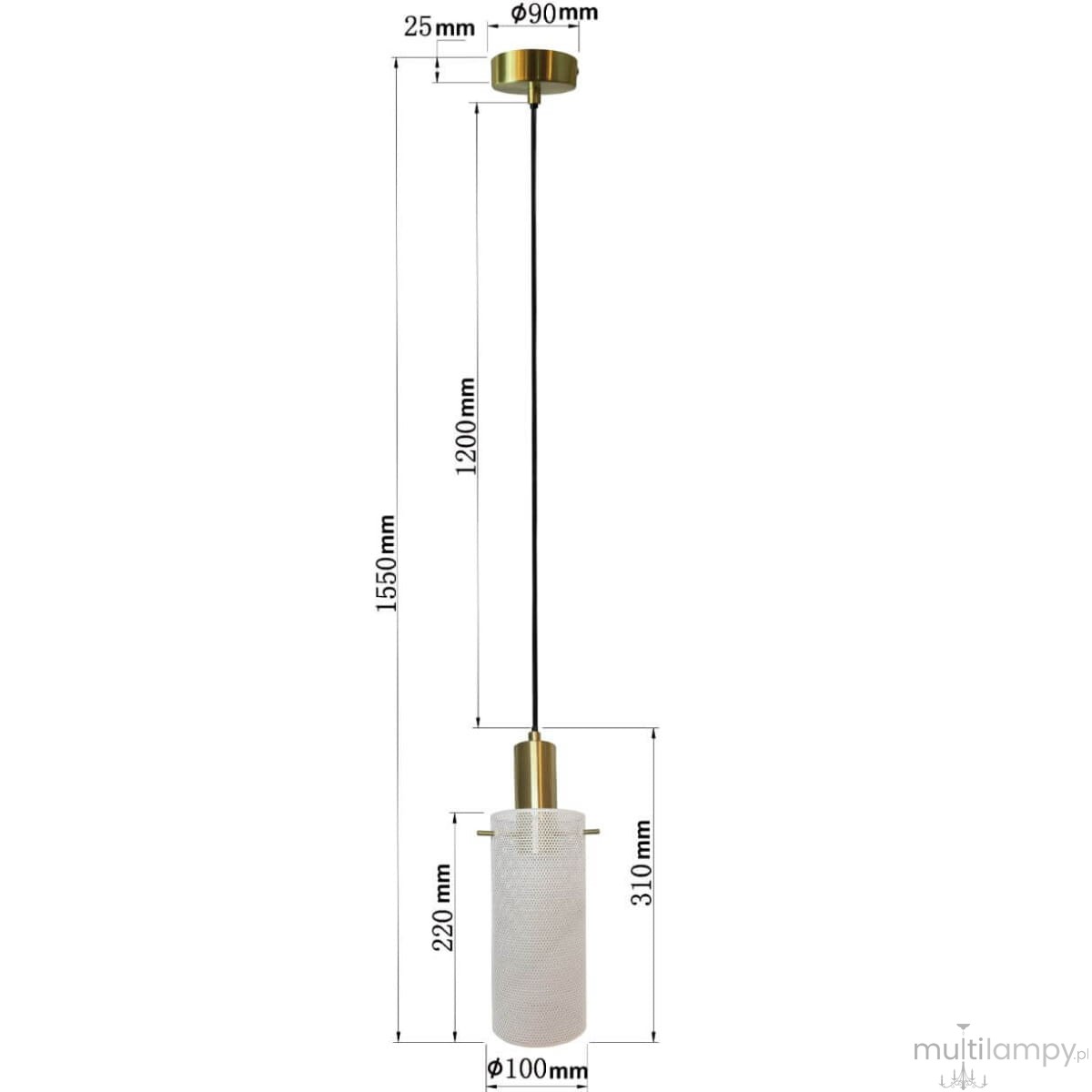 Lampa wisząca Tirana 1xE27 w kolorze złotym i białym. Okrągła, teksturowana osłona z białego materiału, zawieszona na długim, czarnym kablu. Wymiary: wysokość 1550 mm, średnica 100 mm, wysokość klosza 220 mm. Prosta konstrukcja, elegancki design.