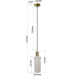 Lampa wisząca Tirana 1xE27 w kolorze złotym i białym. Okrągła, teksturowana osłona z białego materiału, zawieszona na długim, czarnym kablu. Wymiary: wysokość 1550 mm, średnica 100 mm, wysokość klosza 220 mm. Prosta konstrukcja, elegancki design.