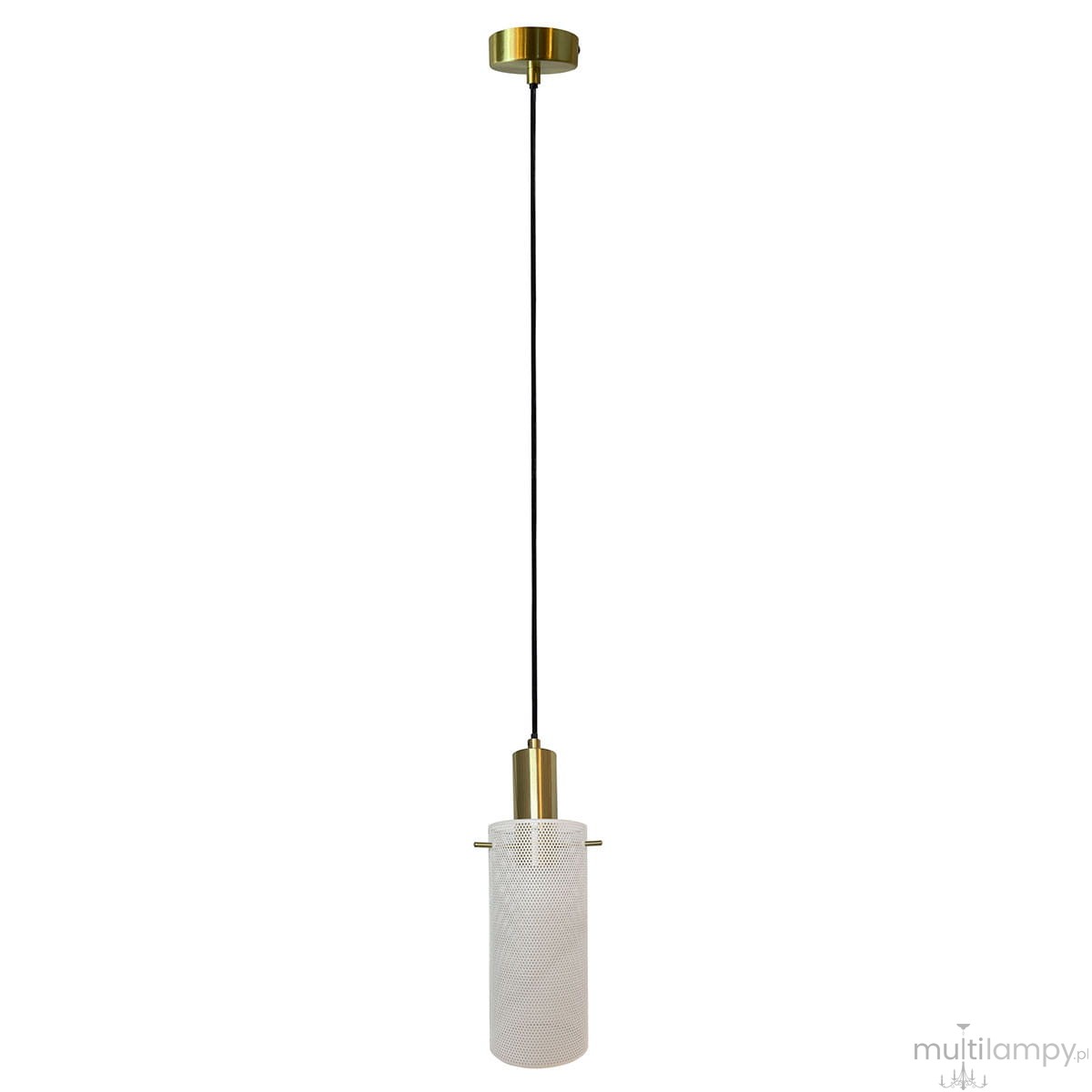 Lampa wisząca Tirana 1xE27 w kolorze złotym i białym, z cylindrycznym kloszem z przezroczystego szkła z delikatnym wzorem, zawieszona na czarnym przewodzie. Górna część metalowa w kolorze złotym.